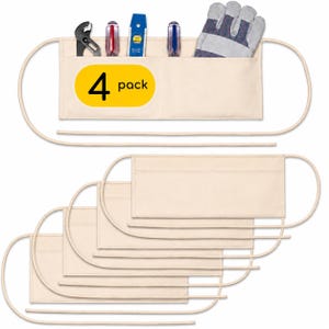 May include: A set of four beige canvas waist aprons, each featuring two front pockets. The top apron displays a yellow oval graphic with the black text 4 pack, and contains tools including pliers, screwdrivers, a level, and a grey work glove.