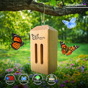 Puede incluir: Una casita de madera para mariposas con el texto "Butterfly HUT" y dos aberturas verticales. La casita est&aacute; colgada de una rama de &aacute;rbol con mariposas volando alrededor. Hecho en EE. UU.