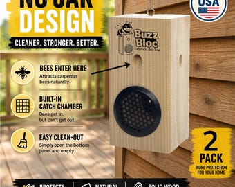 Carpenter Bee Trap Outdoor – No Jar Wood Bee Trap – Hanging or Standing Bee Catcher – Deck, Shed & Barn Protection – Made in USA (2 Pack)
