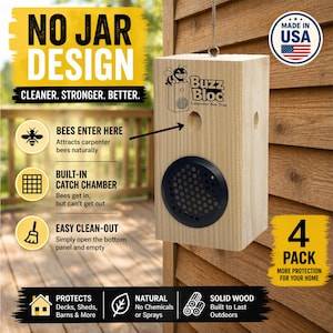 Wooden Carpenter Bee Trap – No Jar Design, USA Made, 4 Pack