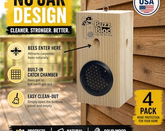 Wooden Carpenter Bee Trap – No Jar Design, USA Made, 4 Pack