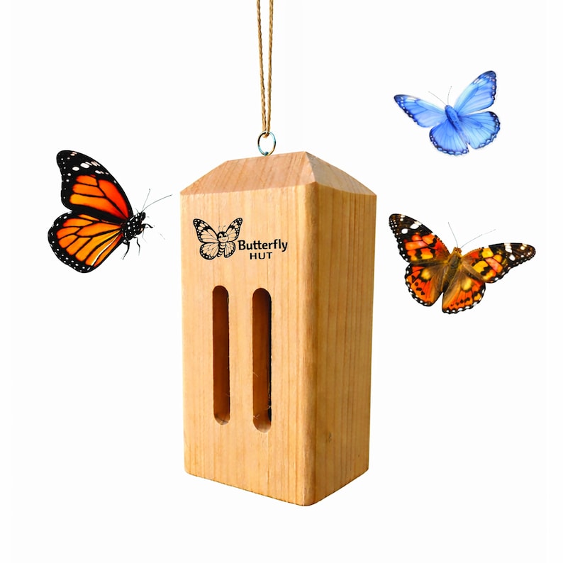 Puede incluir: Una casa de mariposas de madera con el texto "Butterfly HUT" y dos aberturas verticales. La casa est&aacute; rodeada de tres mariposas con alas naranjas, negras y azules. Se adjunta un lazo de cuerda para colgar.
