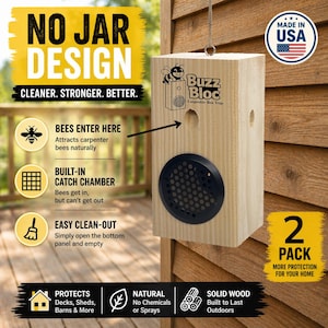 Carpenter Bee Trap Outdoor – No Jar Wood Bee Trap – Hanging or Standing Bee Catcher – Deck, Shed & Barn Protection – Made in USA (2 Pack)