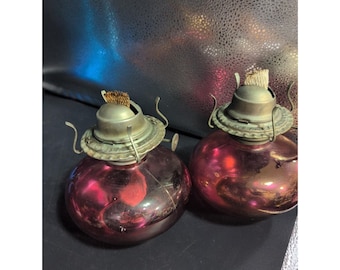 Vtg. Pair Cranberry Glass Oil Lamp Bases With Wicks Mexican Made
