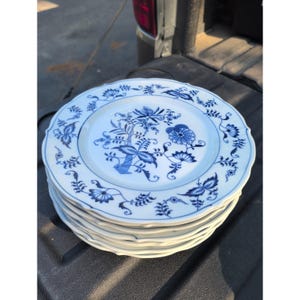 May include: A stack of white ceramic plates featuring a blue onion pattern. Each plate has a scalloped edge and a central floral motif with intricate blue vines and blossoms extending toward the rim, creating a cohesive set of dinnerware.