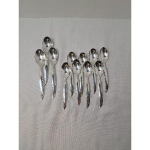 Può includere: Una collezione di cucchiai argentati lucenti disposti su una superficie bianca. I cucchiai hanno un design classico con conche arrotondate e manici allungati. I cucchiai sono riflettenti.