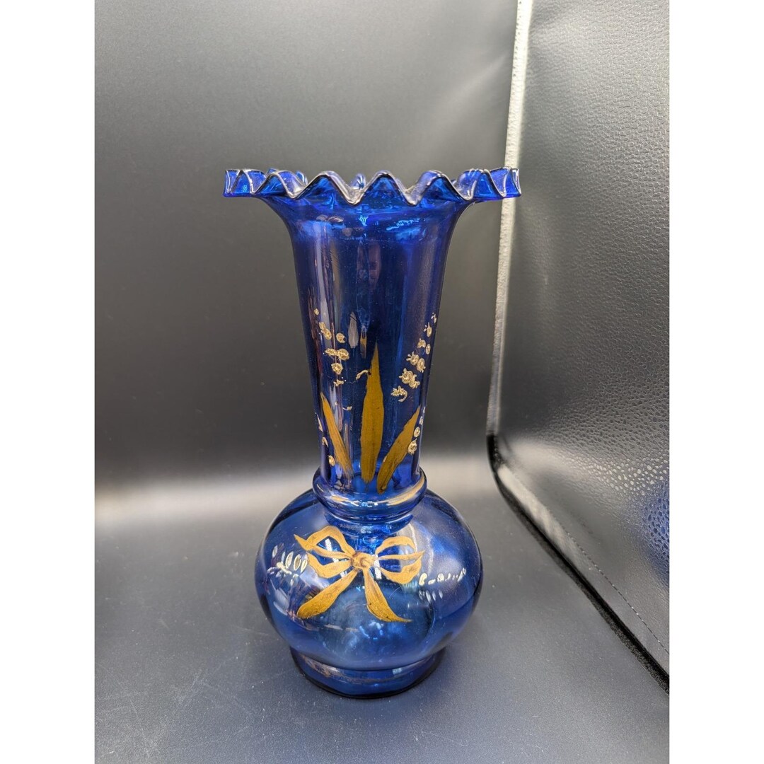 Vintage Victorian-era Bristol Blue Glass Vase Enamel Hand Painted