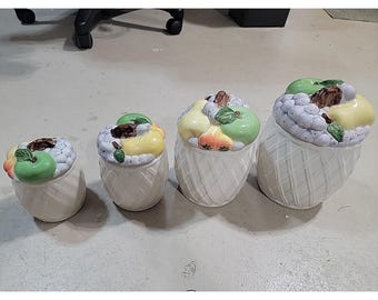 Juego de 4 botes de cerámica vintage de los años 70, fabricados en Japón, con tapa de fruta en 3D, sin marcar.