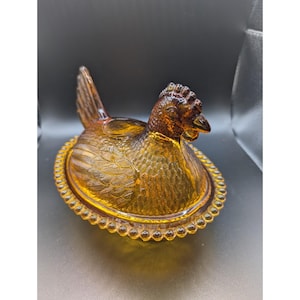 Vintage Indiana ambergouden glazen schaal met kip op nest bedekte ovale snoepnootschaal