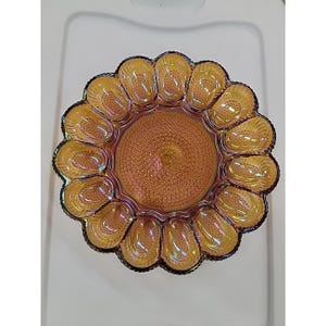 Indiana Carnival Glass Deviled Egg Dish Plate Iridescent Hobnail Amber Gold Vtg