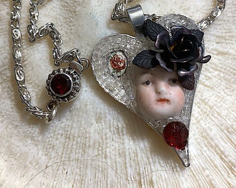 Vintage "My Funny Valentine" Porcelain Face, Heart Pendant with Cabochons, Rhinestone and Glass Bead Assemblage