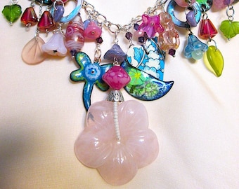 Boho Mixed Media Assemblage Necklace with Rose Quarts Carved Flower Pendant