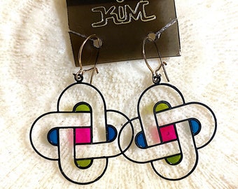 Vintage Kim Craftsman ręcznie robione witraże, emaliowane kolczyki, wiszące lata 70., 1B-12