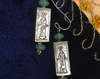 Vintage Silver Chinese Beads with Etched Geisha Girl and Flowers on Opposite Sides, Jade and Sterling Dangles, E1-11