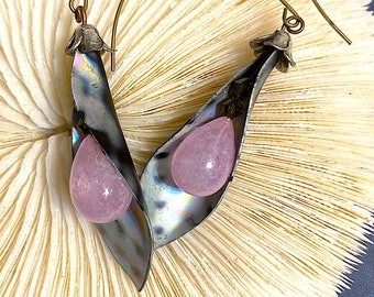 Vintage Pink Glass Drops with Rainbow Pattern on Silver Metallic Curved Leaf Shaped Casings,  Handmade, E1-08