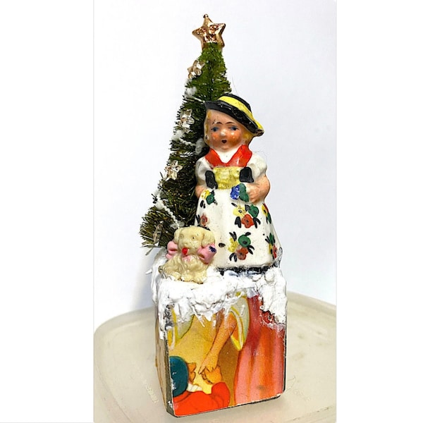 Handmade Christmas Lady, Vintage Block Assemblage Ornament, Antique Excavated Porcelain Holiday Decorations