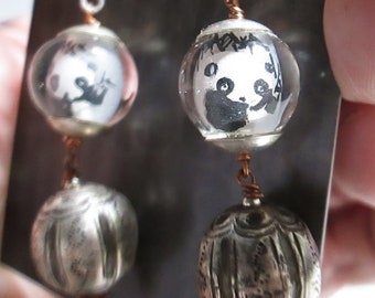 Vintage Hand Painted Pandas with Silver Hand Etched Qing Dynasty Bead Earrings, Dangles, 1A-02
