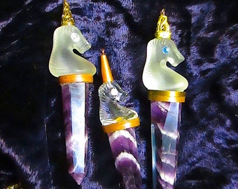Unicorn Ornament Assemblage with Glass Unicorn and Amethyst Crystal Base, U-Pick
