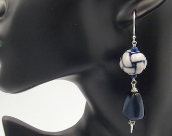 Vintage Sterling Chinese Porcelain Glazed Endless Knot Bead with Blue "Cat-Eye" Dangle Bead, C1-19