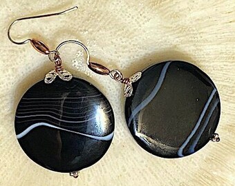 Black Onyx Dangles Earrings with Copper and Sterling Ear Wire, Approx 2 1/3", 1C-20