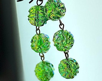 Peridot Green Glass Bead Earrings, Textured Iridescent Glass Dangles. Approx  2", 1B-17