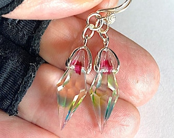 Vintage Handmade Tri-Color Faceted Glass Drop Beads, Czechoslovakian Dangle Earrings with Sterling Ear Wires, 1B-10