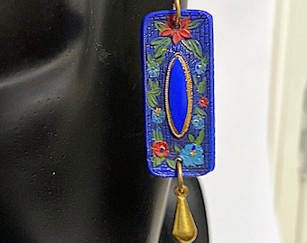 Egyptian Revival, Hand Painted Earrings, Vintage Blue Glass Bead and Brass Drop, Art Deco, 2A--12