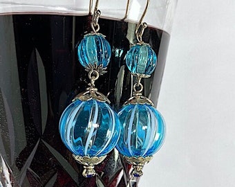 Hand Blown Glass Blue with Clear and White Design Dangle, Earrings, Sterling Findings, E2-16