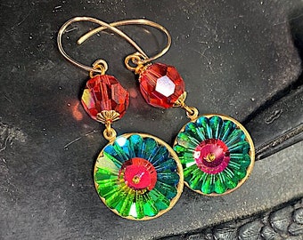 Rare Swarovski Spring Green and pink-Orange Margaritte Earrings, Vintage Swarovski Rainbow Crystal Earrings, 1A-01