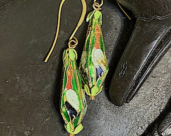 Vintage Handmade Crane Enamel Cloisonné Dangle Earrings with Brass Ear Wires. Approx 2” Tall, Light Weight, E1-02