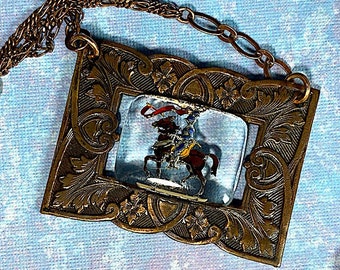Knight in Shining Armour Painted Glass Intaglio, Framed in Decorative Vintage Copper\ Necklace, Pendant