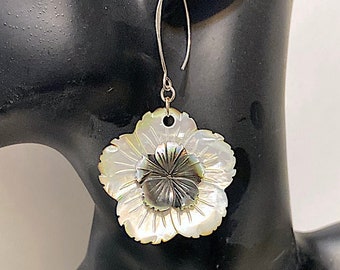 Carved Mother of Pearl Flower Earrings with Black Iridescent Carved MOP Centers Centers  & Sterling Ear Wires, App 3" Tall with Wire, D2-19