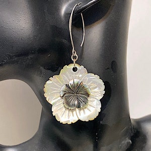 Carved Mother of Pearl Flower Earrings with Black Iridescent Carved MOP Centers Centers  & Sterling Ear Wires, App 3&quot; Tall with Wire, D2-19