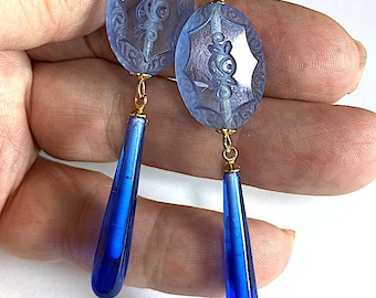 Boucles d’oreilles en perles gravées victoriennes, perle de verre bleu saphir vintage et goutte de verre, Art déco, D2-24