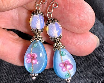 Handmade Pink Flowers on a Blue Teardrop with Opaline Melon Top Bead with All Sterling Earrings, Lampwork, C1-03