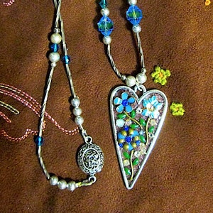 Enameled Flowers, Bouquet Heart Pendant with Vintage Cabochons, Rhinestone and Rose Montees Assemblage with Sterling Twist Beads