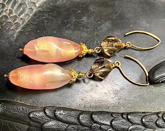 Rare Opal Foil Glass Bead Earrings with Swarovski Helix Vintage Beads, Brass & Gold Findings, E2-15