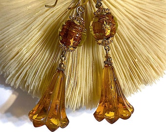 Classic Amber Chandelier Flowers w Gold Foil Topper Beads Up-cycle, Assemblage, Approx 3" Tall, D1-04