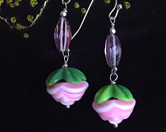 Vintage 2 Part Glass Rose, Flower Bead Dangles with Sterling and Amethyst Bead. 1E-13