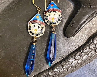 Rare Cloisonné Lion Beaded Earrings, Vintage Czechoslovakia Enamel Beads with Translucent Deep Teal Drop Glass Beads. 2B-18