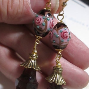 Murano Pink Wedding Cake Beads Earrings with Amethyst Drops and Gold Findings, Vintage, 1B-03