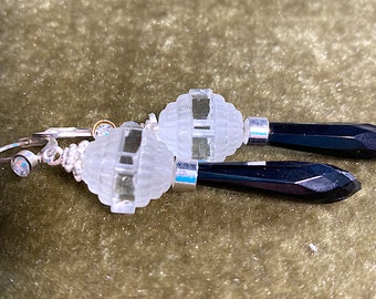 Antique Frost and Clear Czechoslovakia Crystal With Black Glass Drops Earrings, Sterling with Levered Wires  2 3/4", 1C-15