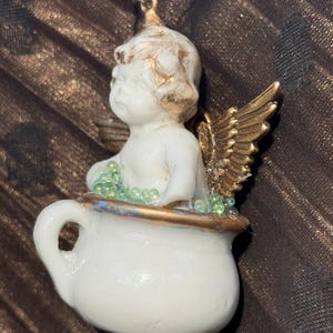 Antique Porcelain Angel with Brass Wings sitting in an Antique German Teacup, Hanging Ornament, Assemblage Art Ornament image 4