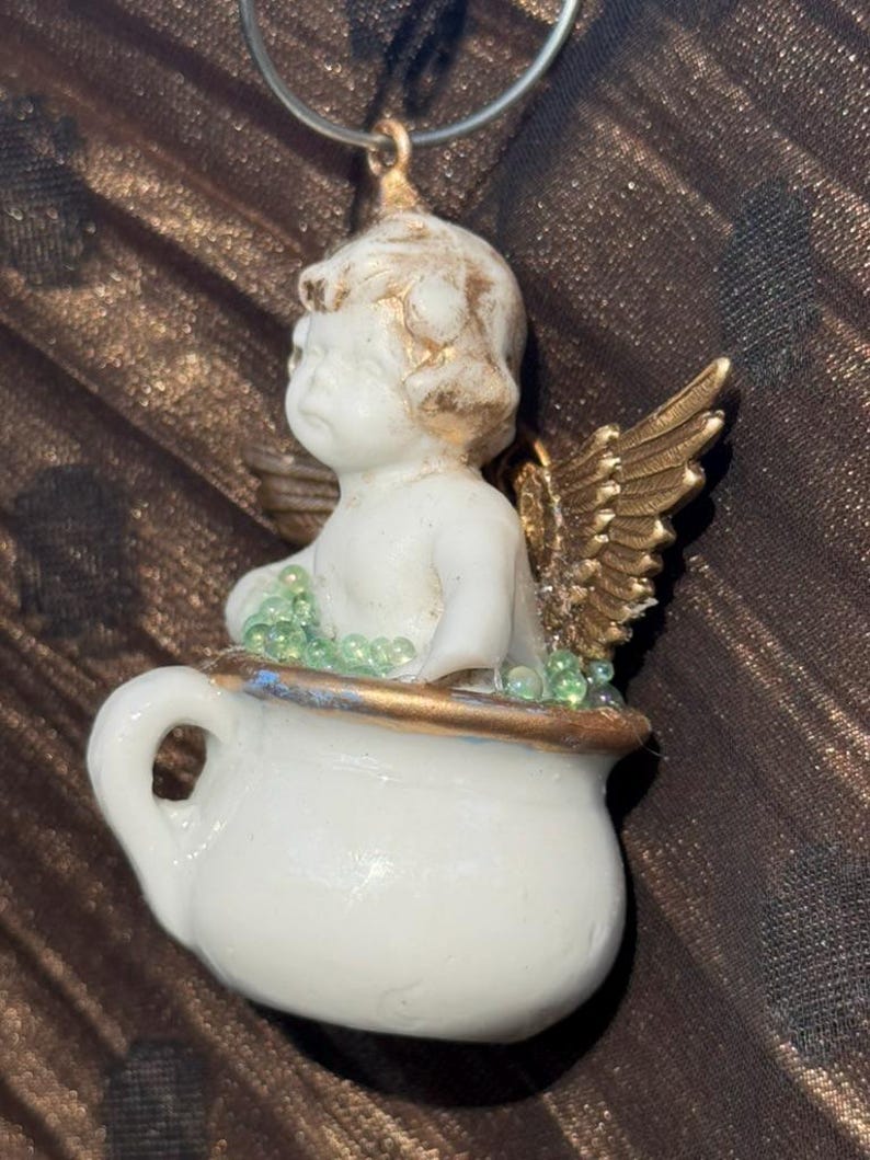 Antique Porcelain Angel with Brass Wings sitting in an Antique German Teacup, Hanging Ornament, Assemblage Art Ornament image 4