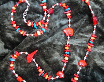 Handmade Fetish Necklace with Glass, Turquoise, Coral and Silver, Red Glass Birds
