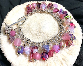 Handmade Pink Glass Bead Charm Bracelet with Sterling Clasp, 50 Shades of Pink