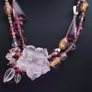 Crystal and Rose Quartz Double Strand Necklace in Pinks, Purples and Gold ,  One of a Kind, Vintage Japanese, Swarovski and Czech Beads