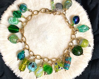 Handmade Translucent and Opaque Green Glass Bead Charm Bracelet with Gold Plate Chain