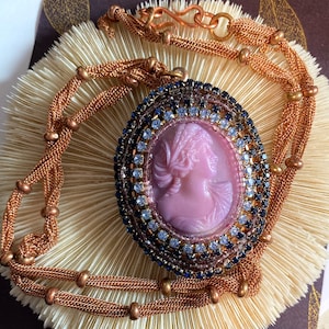 Handmade, Upcycled Brass Locket with Burmese Glass Cameo, in Rhinestone Frame. (F1-04)