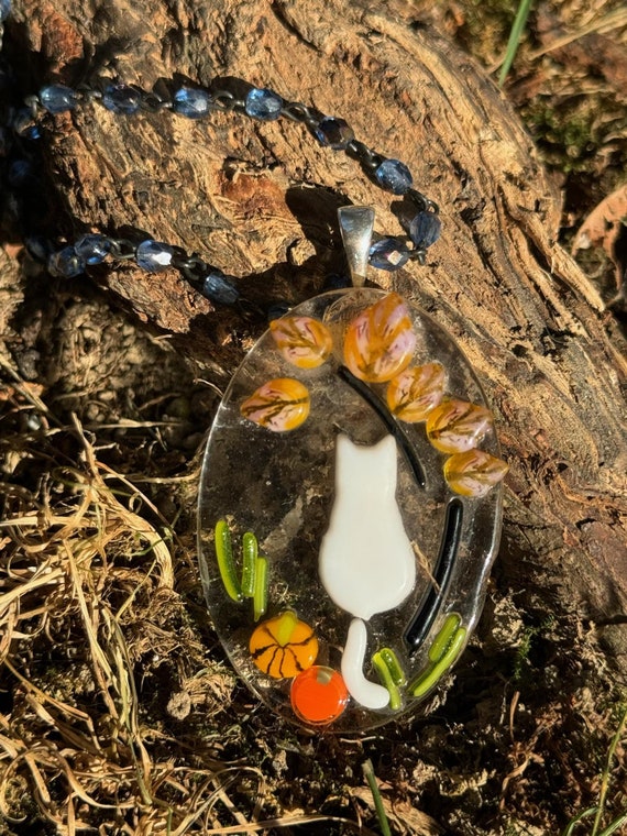 Fall White Kitten Fused Glass Pendant, Holiday Present, Cat Under Orange Leaf Tree, Fall Necklace Vintage Iridescent Chain. Handmade Jewelry